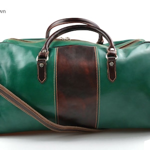 Borsone viaggio borsa viaggio uomo donna  con manici e tracolla vera pelle verde - marrone borsa palestra borsa cabina pelle made in Italy