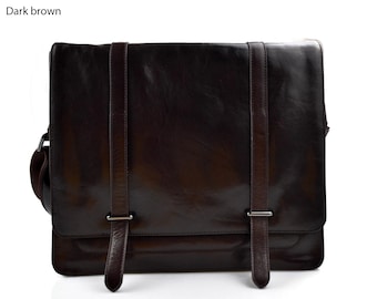 Mens leather messenger bag dark brown shoulder bag genuine leather briefcase satchel messenger business document bag ladies executive bag