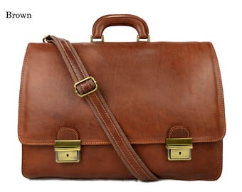 Leather briefcase men women office handbag shoulder bag messenger business bag satchel  brown professional leather bag