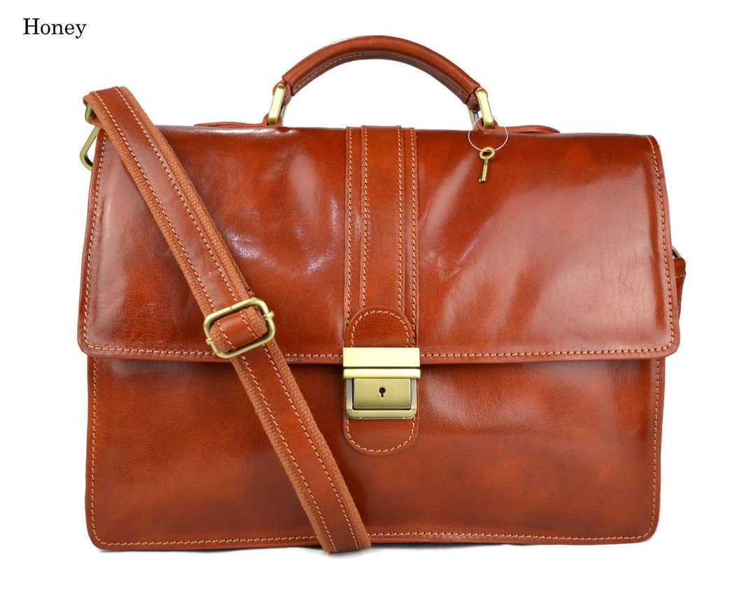 Leather Briefcase Mens Women Honey Office Handbag Shoulder Bag