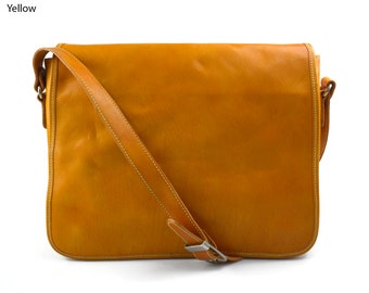Men's leather bag shoulder bag genuine leather messenger yellow business document bag  women executive bag briefcase business bag