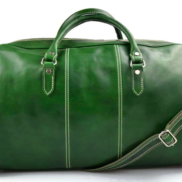 Travel bag duffle bag leather duffel bag leather travel bag for men women travel bag gym bag luggage weekender bag overnight carry on green