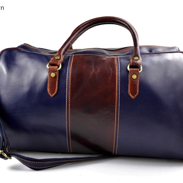 Travel bag duffle bag leather travel bag duffel bag blue - brown men women travel bag gym luggage carry on weekender duffle overnight bag