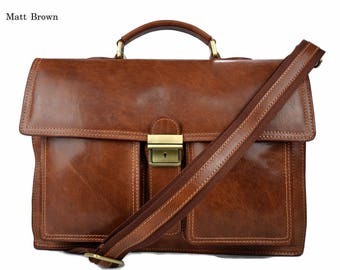 Leather briefcase business bag conference bag satchel office bag shoulder folder shoulder bag mens executive briefcase matt brown