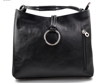 Women Leather Handbag: Luxury Shoulder Bag, Black, Made in Italy. Genuine Leather, Tote, Purse, Stylish Design. Leather Shoulder Bag.