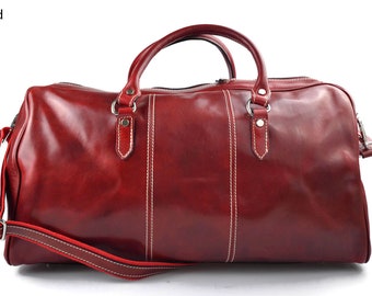 Duffle bag travel bag leather duffel bag leather travel bag leather luggage carry on bag men women gym bag luggage weekender duffle bag red