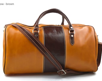 Travel bag leather duffle bag leather duffel bag bag yellow - brown for men women travel bag gym luggage made in Italy weekender overnight