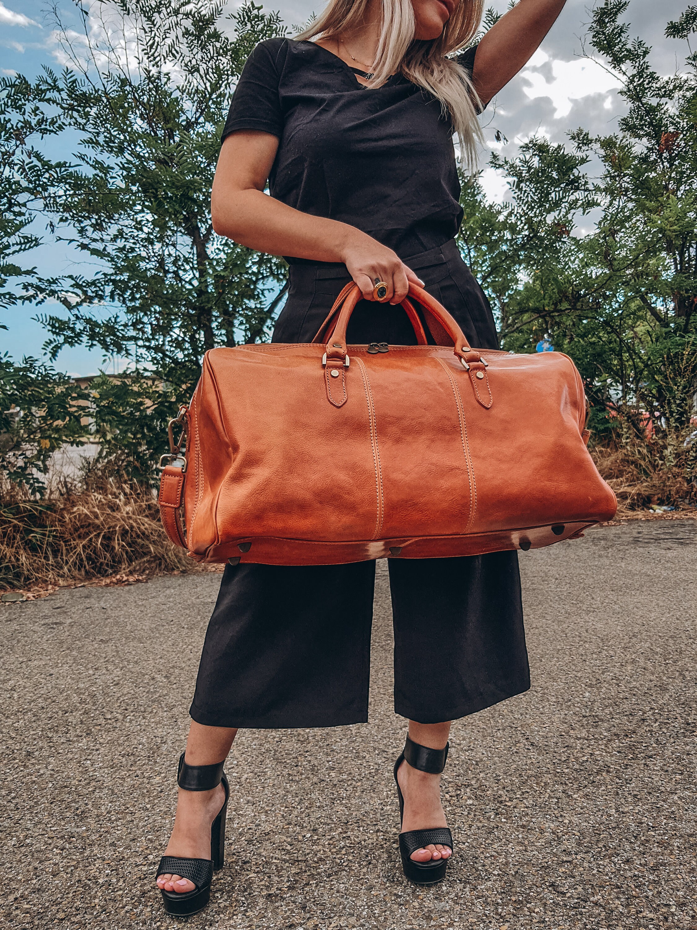 Sac de voyage en cuir homme femme bandoulière en cuir noir