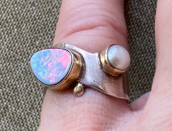Ring.  Opal And Cultured Pearl Set in Heavy Sterl… - image 3