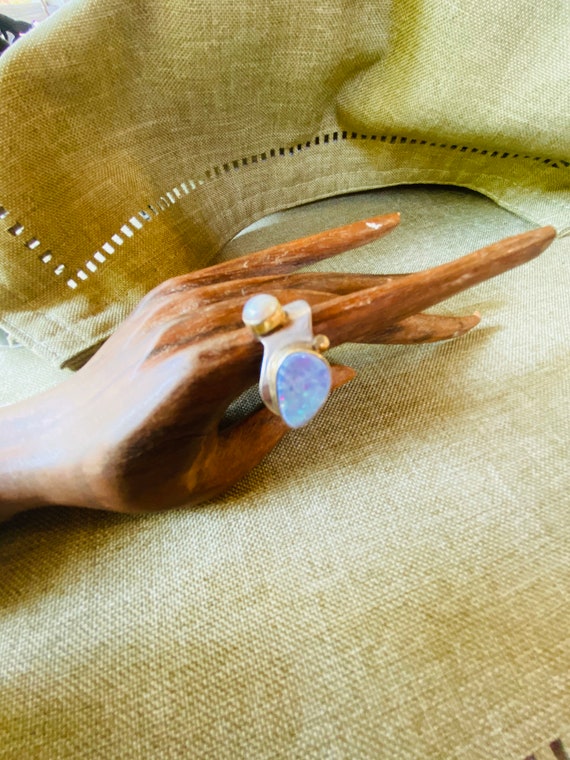 Ring.  Opal And Cultured Pearl Set in Heavy Sterl… - image 1