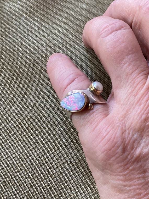Ring.  Opal And Cultured Pearl Set in Heavy Sterl… - image 4