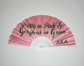 Pretty in Pink Large Hand Fan | Pinkies and Pearls | Alpha Kappa Alpha Sorority| AKA | Pink and Green Hand Fans | D9 | Crossing Gift | 1908