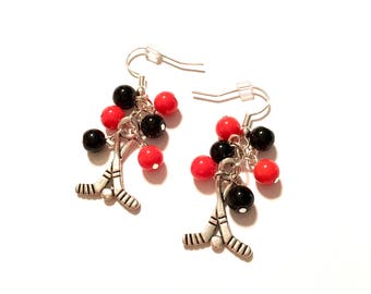 Earrings. Black and Orange. Hockey Sticks. Cluster.