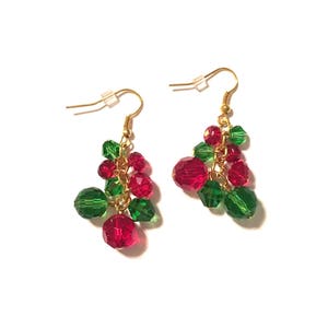 Earrings. Cluster of Red and Green glass beads on Gold ear wires. Christmas. Holiday.