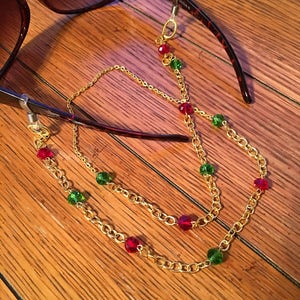 Eyeglasses Chain. Red and Green Glass Bead. Gold chain.