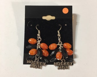 Earrings. Black and Orange. Hockey Mom. Cluster.