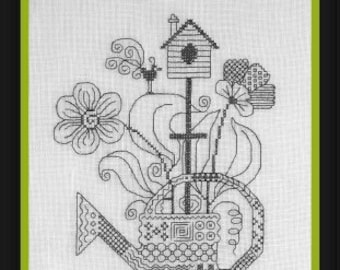 My Watering Can, counted Blackwork and cross stitch chart. Monochrome design using black thread.