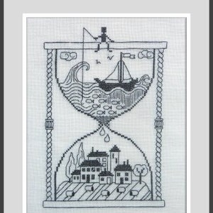 Taking Time Out, counted cross stitch and Blackwork chart. Monochrome design using black thread.