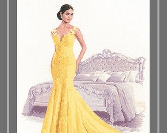 Zoe – counted cross stitch chart. Charted for 21 colours of DMC stranded cotton. Full length elegant Lady in yellow. Elegance Cross Stitch.