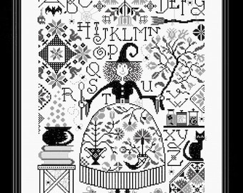 Lady Halloween – counted cross stitch chart to work in monochrome.