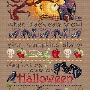 When Black Cats Prowl Halloween Sampler – counted cross stitch chart.