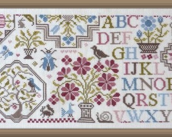 Quaker Sampler of Flowers 3 – counted cross stitch chart to work in 9 colours of DMC threads.  ABC Sampler. Quaker Sampler.