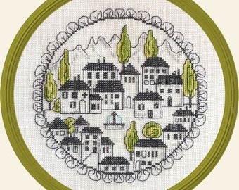 Alpine Village, counted cross stitch and Blackwork chart. French Alpine Village Houses. Circular Design.