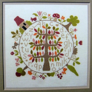 Around My Tree, counted cross stitch chart. ABC Tree sampler. Alphabet Sampler in the Round.