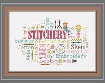 Stitchery Sampler counted cross stitch chart.