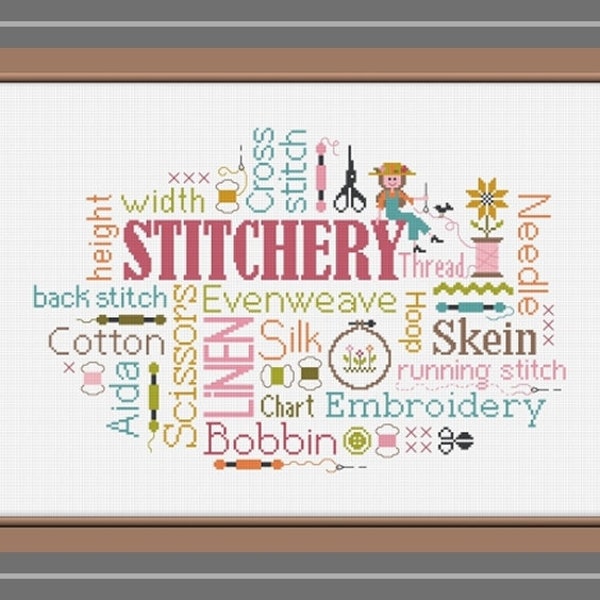 Stitchery Sampler counted cross stitch chart.