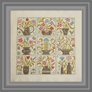 Festival of Flowers counted cross stitch chart. Flowers in Vases sampler. ABC Sampler.