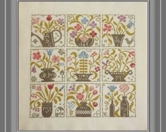 Festival of Flowers counted cross stitch chart. Flowers in Vases sampler. ABC Sampler.