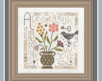 Bouquet of Flowers, counted cross stitch chart to work in 12 colours of thread. ABC Sampler.