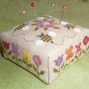 Flower Border Pincushion – printed counted cross stitch chart. Square Pincushion pattern.