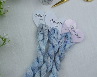 153 - Bluebird, Variegated Stranded Cotton skein, hand dyed in France. Pale blue and grey tones of colour. Cross stitch, Blackwork yarn.