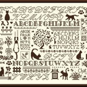 Cats Sampler counted cross stitch chart to work in 8 colours or monochrome. image 7