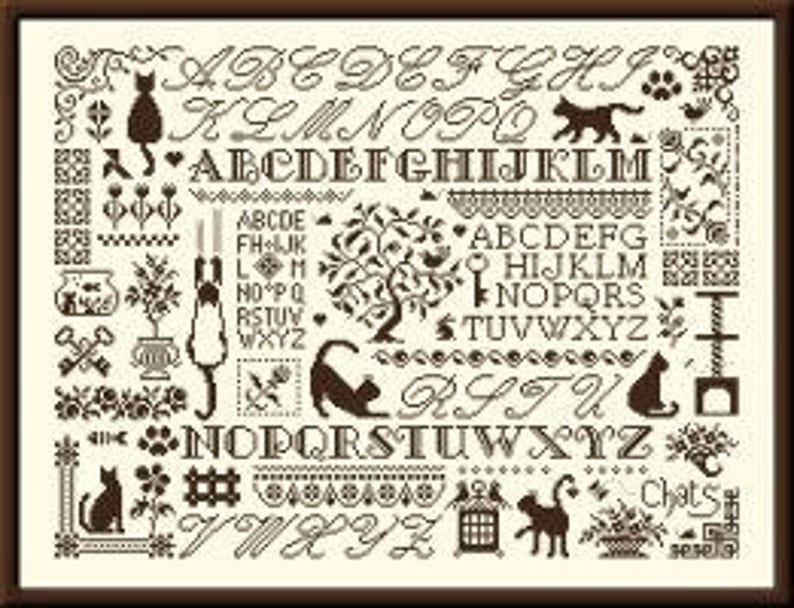 Cats Sampler counted cross stitch chart to work in 8 colours or monochrome. image 7