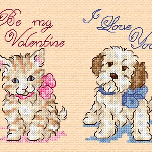 Chaton et Chiot Grilles pour le point de croix. Cartes Valentins en point de croix.