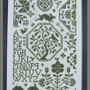 Spring Quaker Sampler counted cross stitch chart to work in monochrome or hand dyed thread. ABC Sampler. Quaker motifs. Alphabet Sampler. image 1