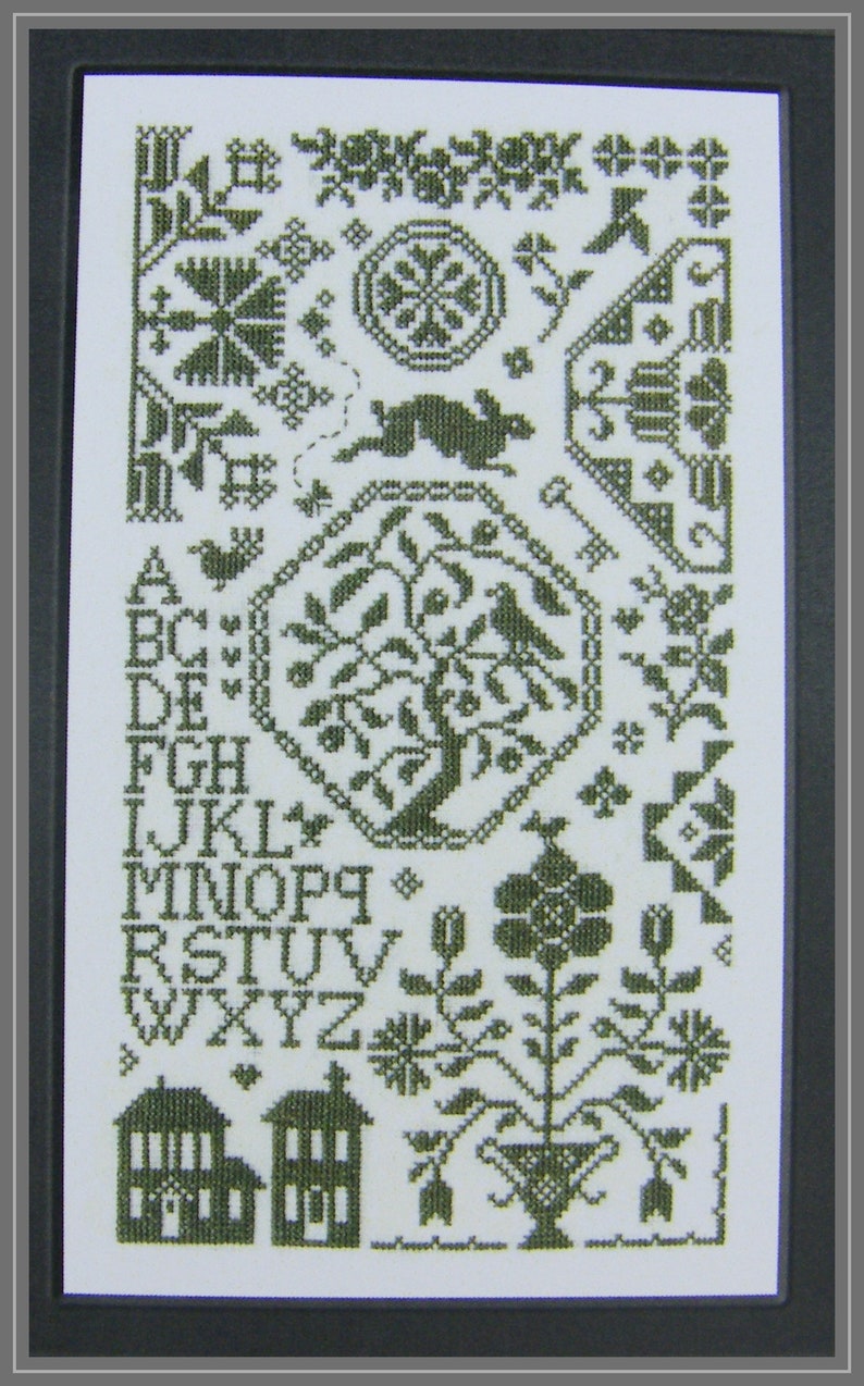 Spring Quaker Sampler counted cross stitch chart to work in monochrome or hand dyed thread. ABC Sampler. Quaker motifs. Alphabet Sampler. image 1