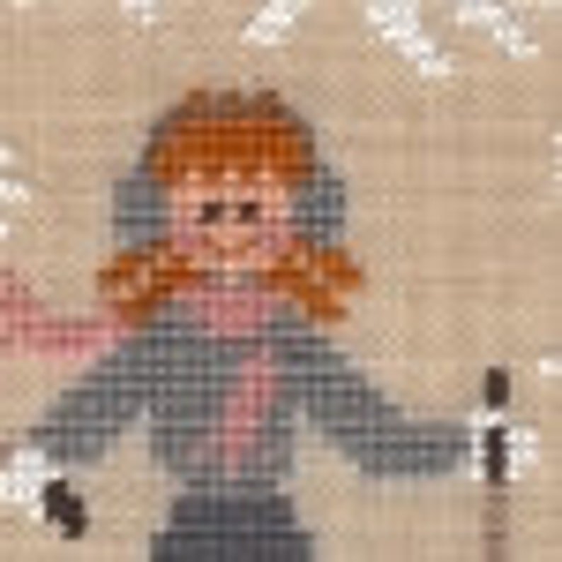 Lili Skiing, counted cross stitch chart. Snowman, reindeer, ski chalet, skiing scene trees, mountains. image 3