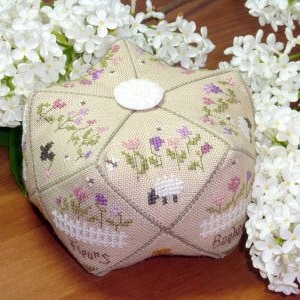 In My Garden 15 sided Biscornu printed counted cross stitch chart. Biscornu Pincushion chart.