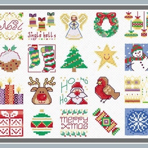 Motifs de Noël au point de croix, 20 motifs de Noël pour faire des cartes ou des décorations.