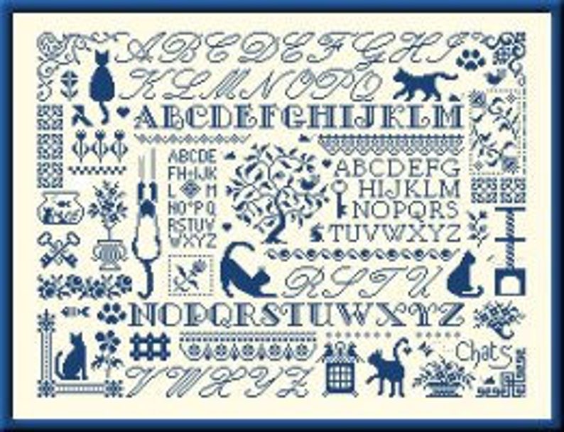 Cats Sampler counted cross stitch chart to work in 8 colours or monochrome. image 8