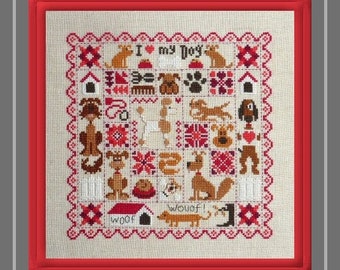 Patchwork Dogs – counted cross stitch chart to work in 11 colours of DMC thread.