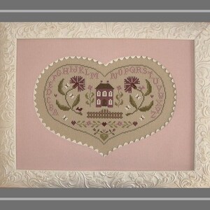 At the Heart of the House, counted cross stitch ABC sampler chart in a heart shape.