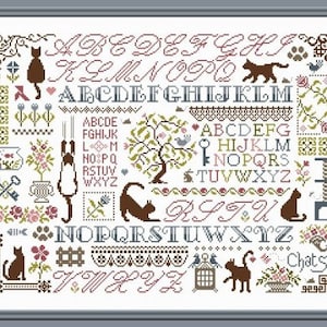Cats Sampler counted cross stitch chart to work in 8 colours or monochrome. image 1