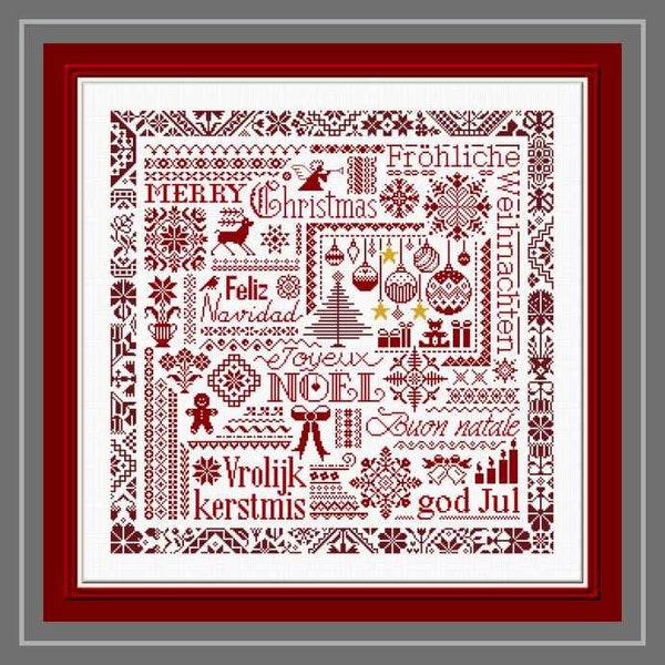 Red Christmas Sampler counted cross stitch chart. Features European words for Christmas and traditional Xmas motifs.
