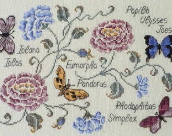 Butterflies counted cross stitch chart. Butterfly and flower motifs with butterfly names in Latin