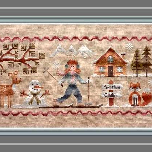 Lili Skiing, counted cross stitch chart. Snowman, reindeer, ski chalet, skiing scene trees, mountains.
